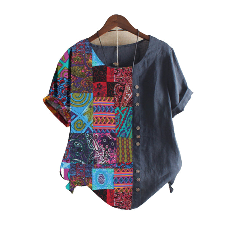 Folk Print Patchwork Summer Blouse