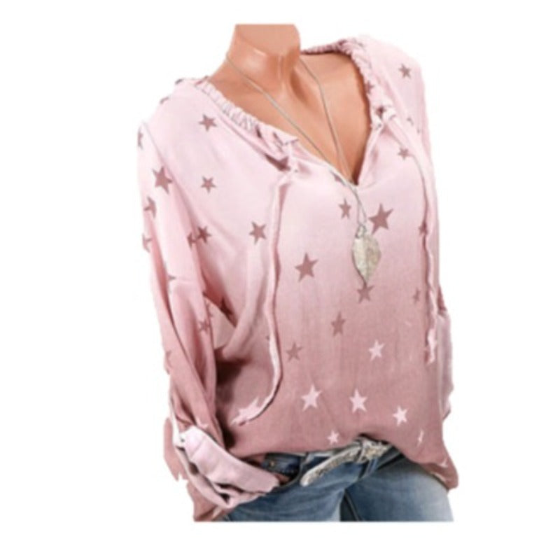 Casual Stars Print Gradient Drawstring Blouse