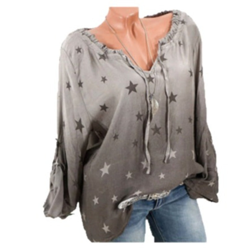 Casual Stars Print Gradient Drawstring Blouse