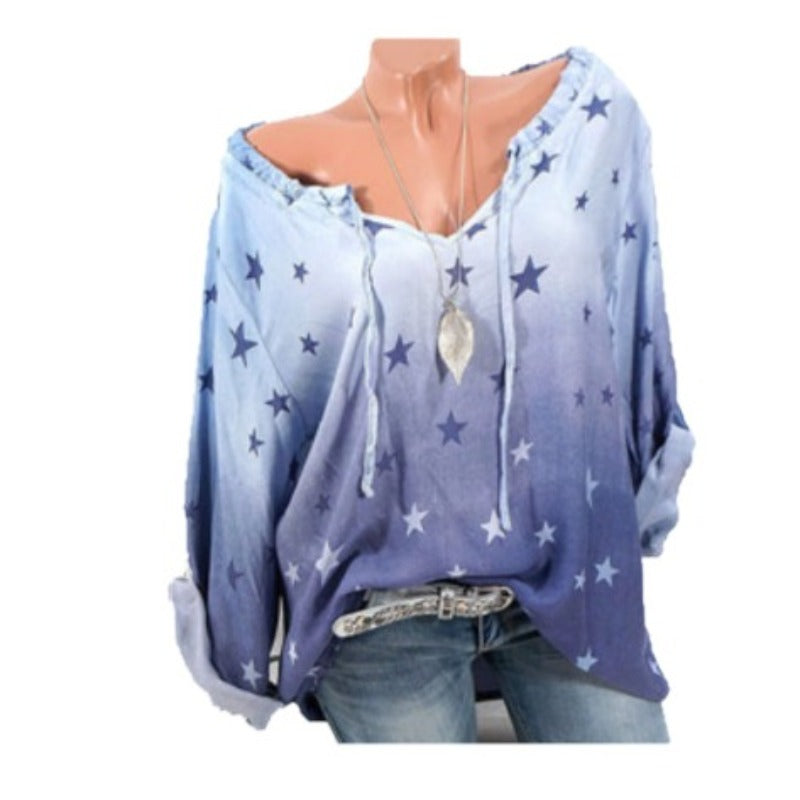 Casual Stars Print Gradient Drawstring Blouse