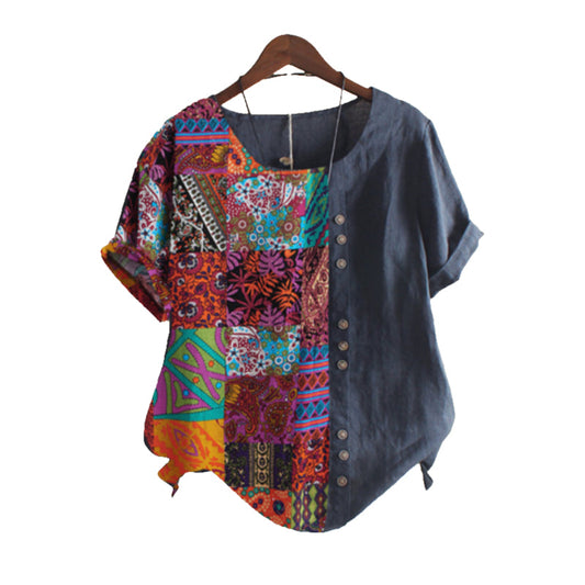 Folk Print Patchwork Summer Blouse
